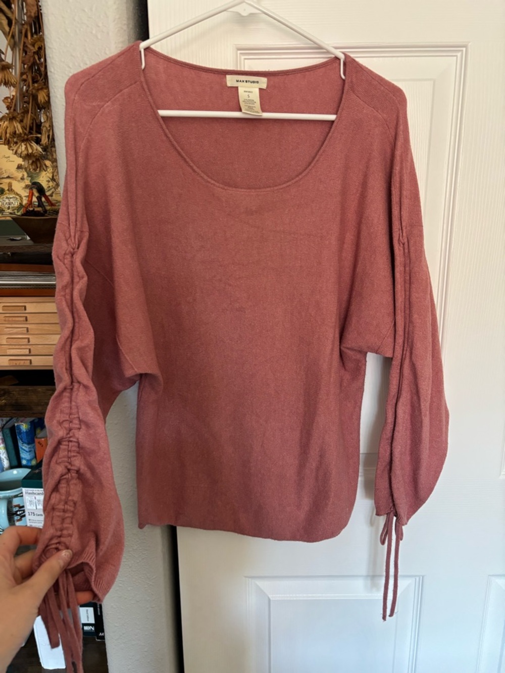 Max Studio Rose Pink Scoop Neck Pullover with Ruched Tie Sleeves